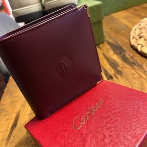 Cartier Deep Burgundy Leather bifold  Gold Corner Hardware